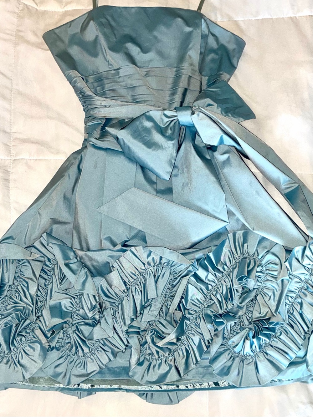 BCBGMaxAzria Light Blue Satin Party Dress with Bow and Rosette Hem